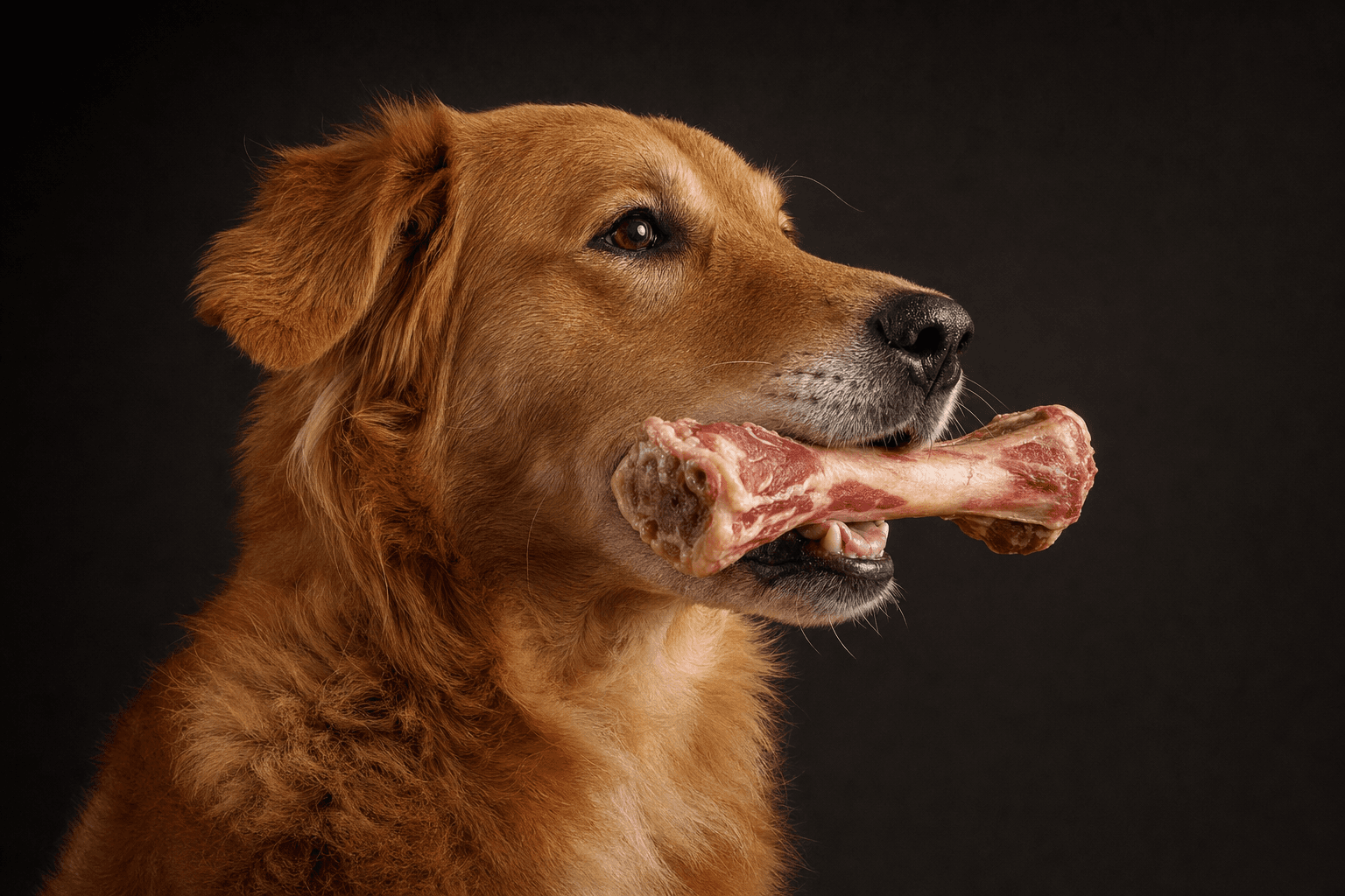 A dog enjoying a raw bone outdoors