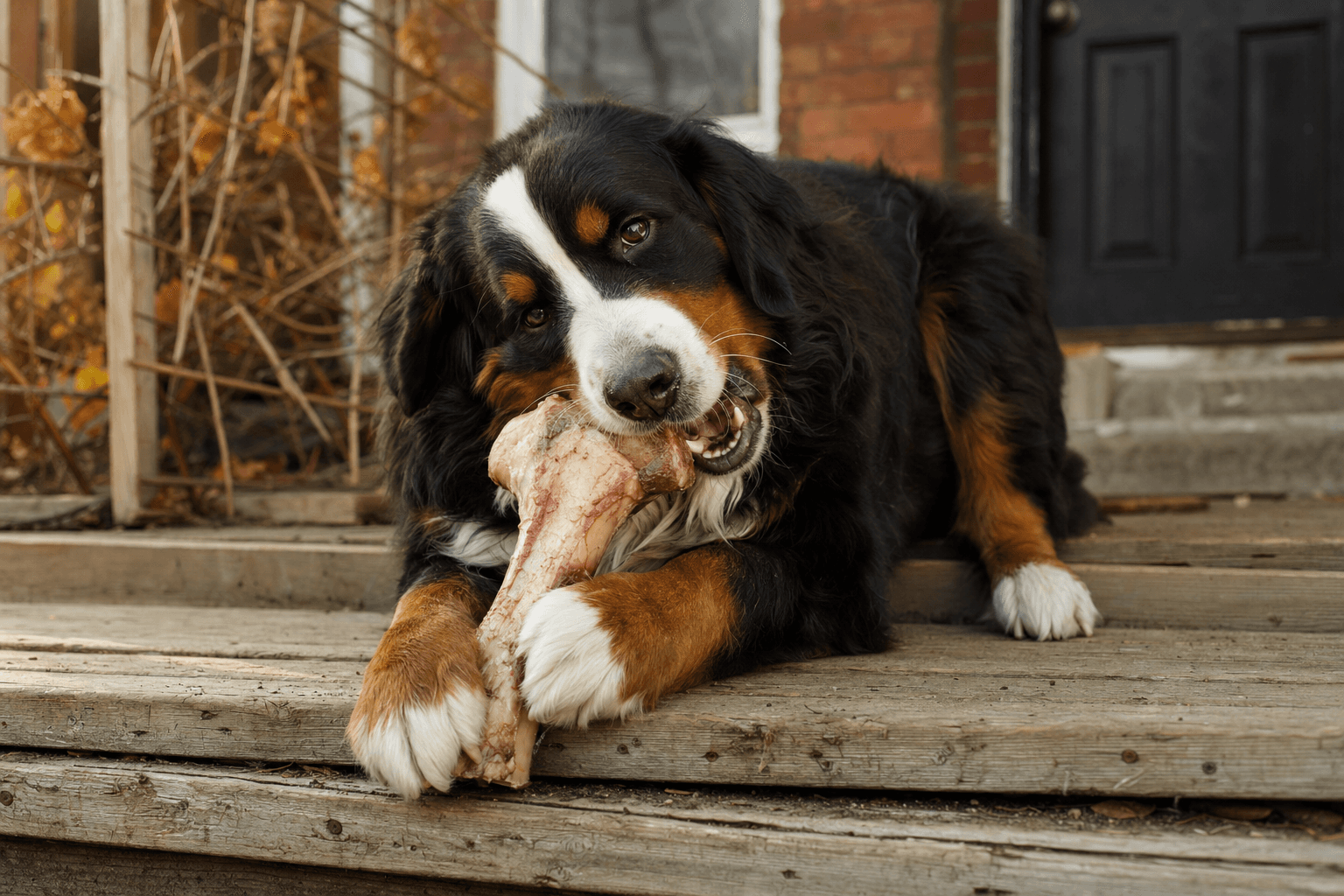 A happy dog chewing a raw bone in warm golden light