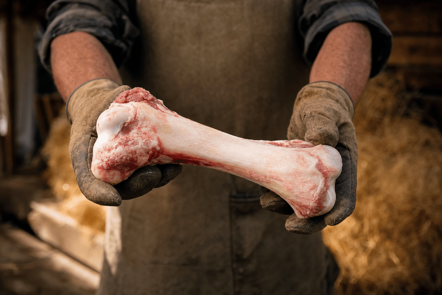 Hands holding a raw bone, showing quality and freshness